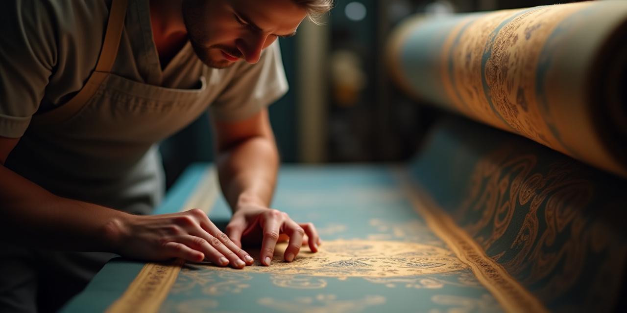 Nahaufnahme eines Wiener Seide Handwerkers, der fein gearbeitete Seide mit detaillierten Mustern prüft, im Hintergrund eine Werkstatt.