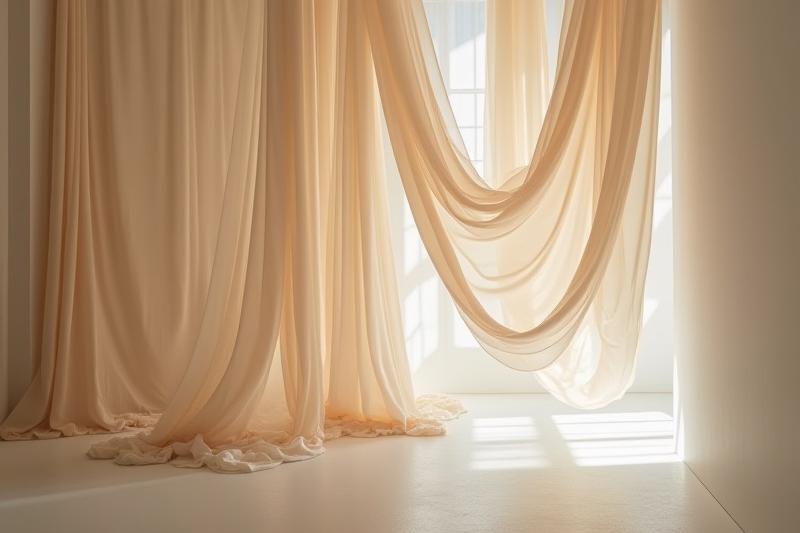 Eine moderne, künstlerische Textilinstallation aus fließender Seide in einem gehobenen Interieur.